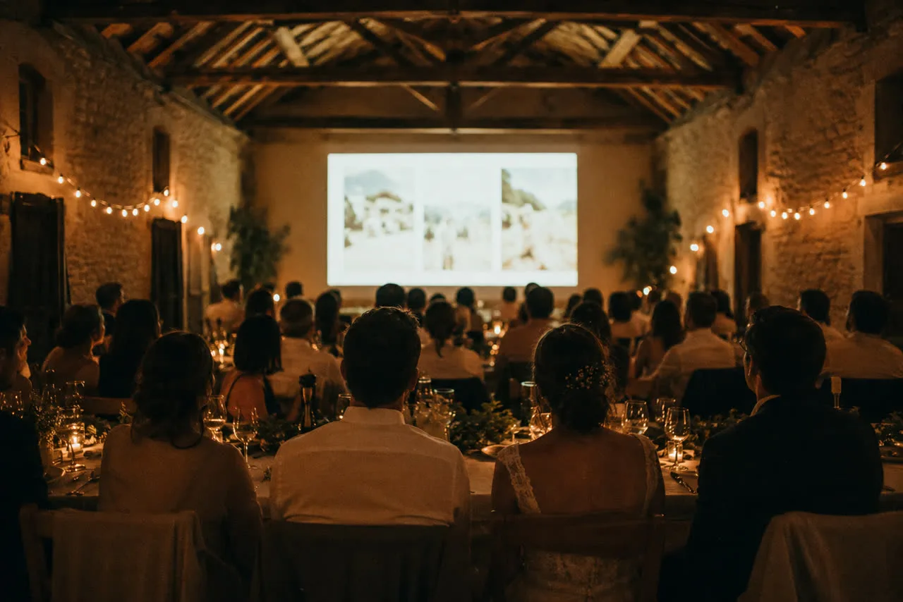 Salle de mariage avec diaporama projeté sur grand écran
