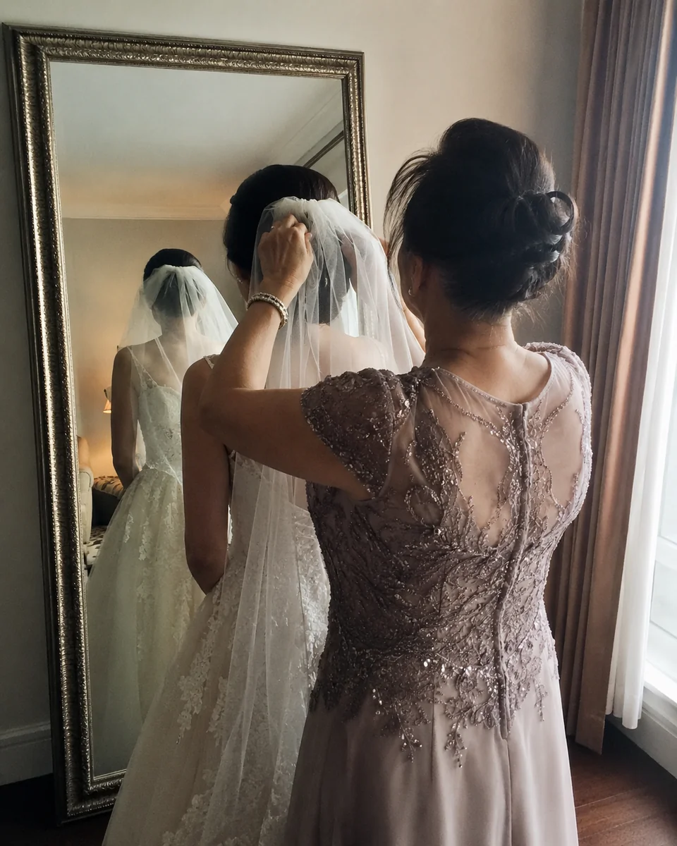 Mère qui pose le voile de la mariée