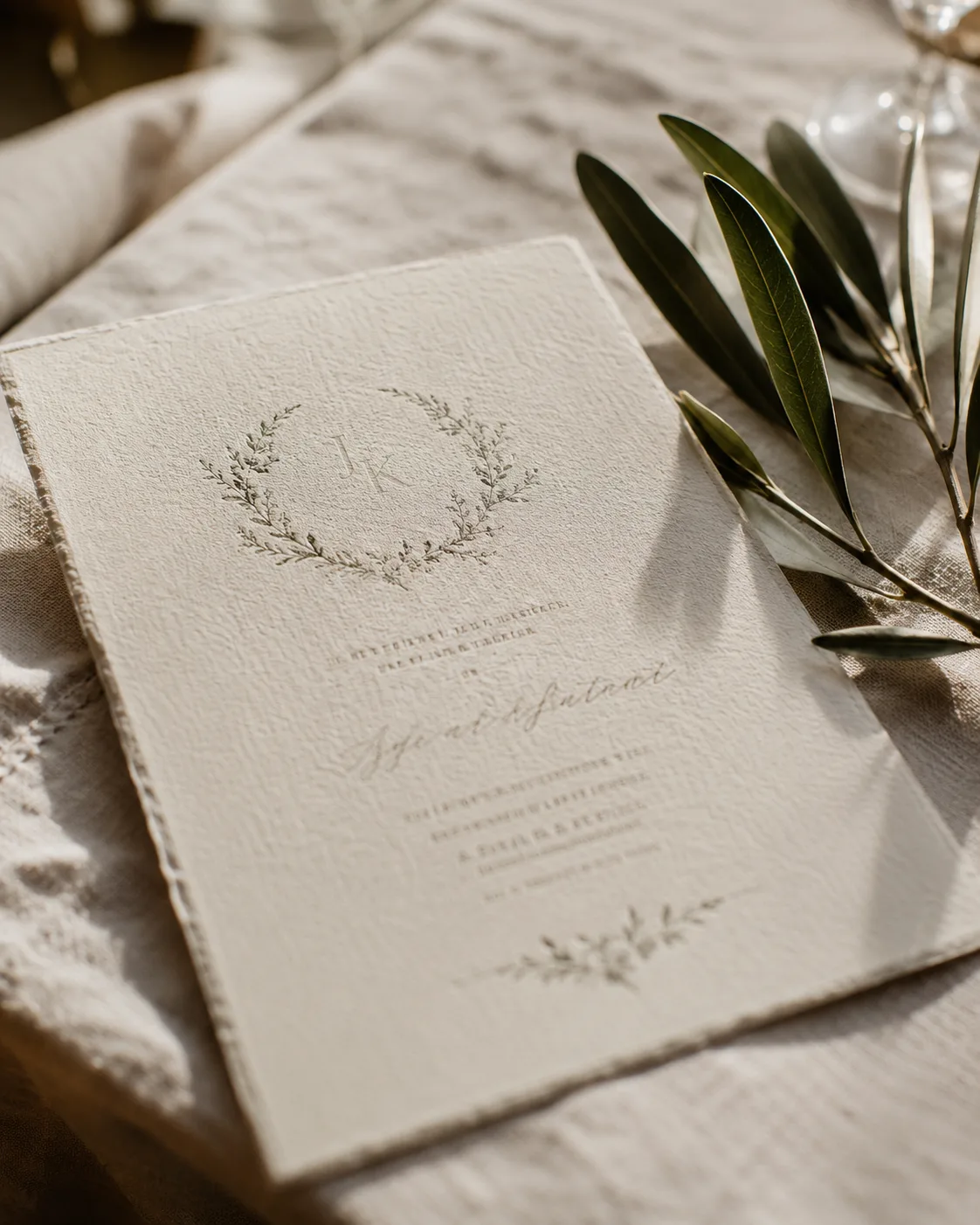 Faire-part de mariage élégant avec branche d'olivier