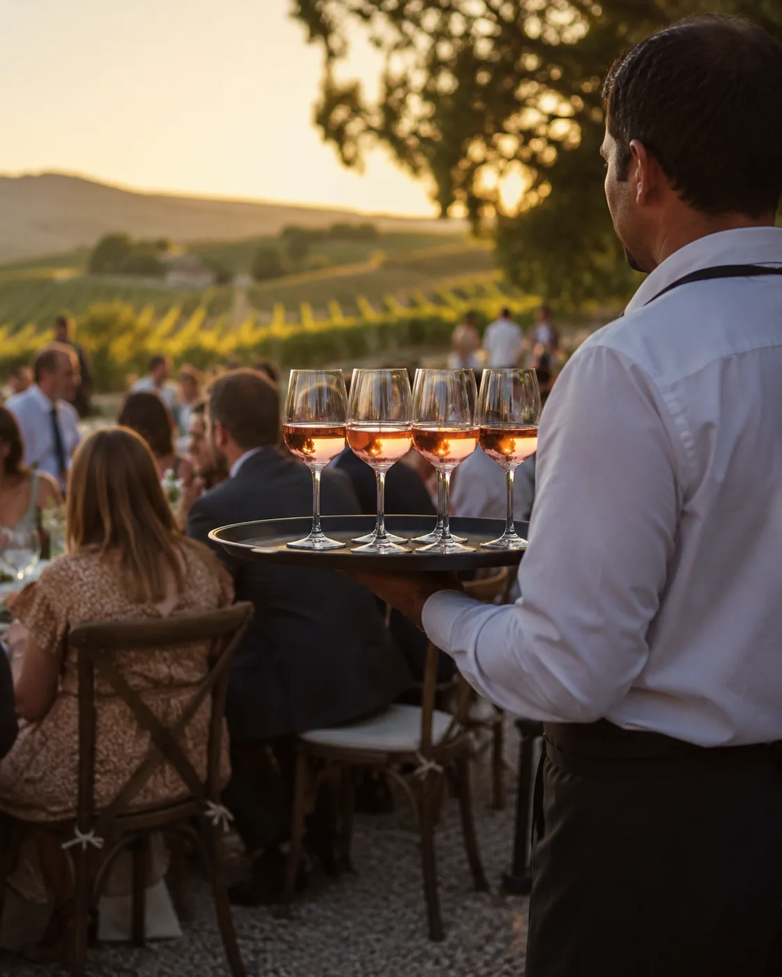 Serveur portant des verres de rosé au coucher de soleil