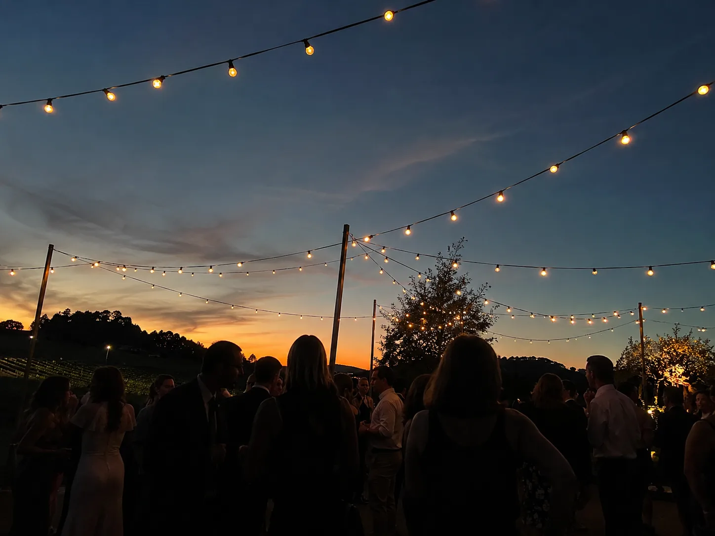 Guirlandes lumineuses au coucher de soleil en extérieur