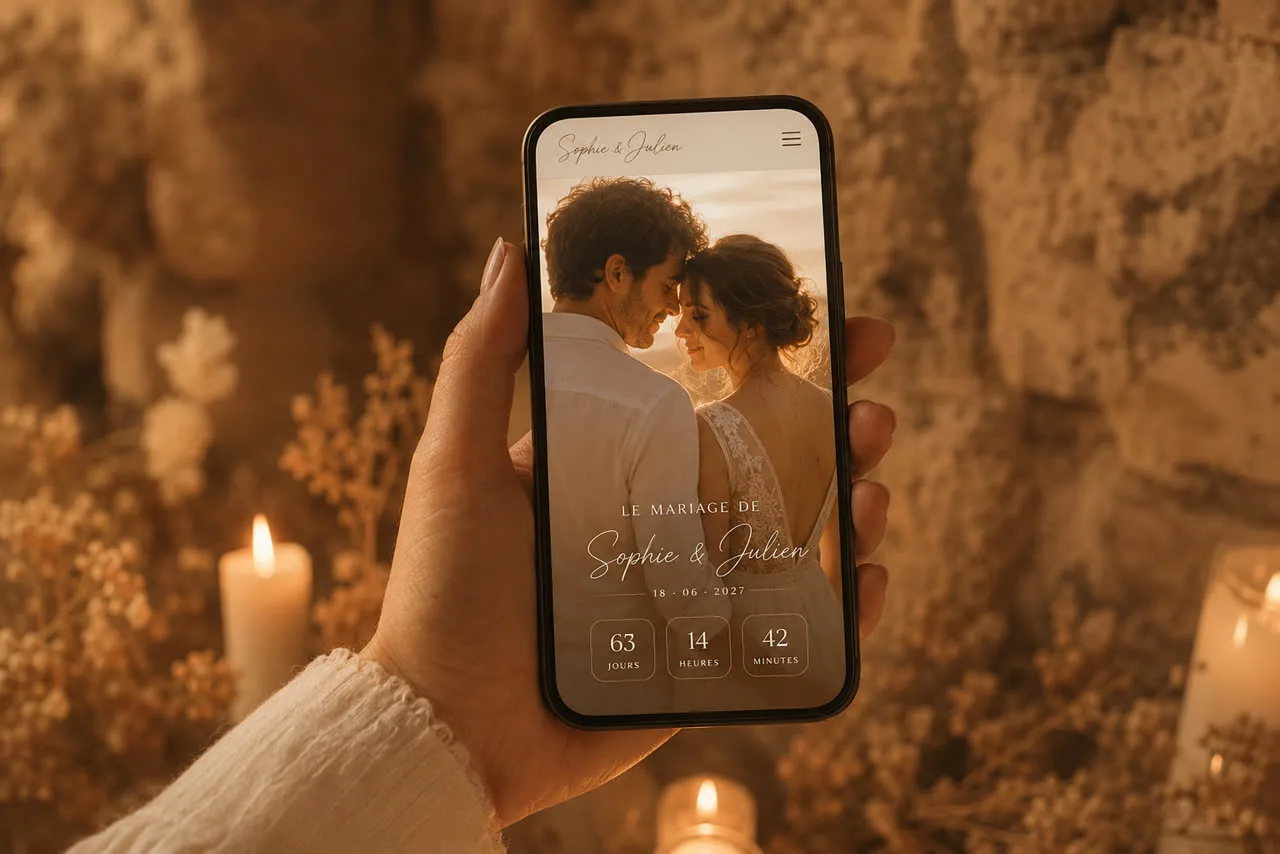 Téléphone affichant un site de mariage personnalisé, tenu devant des bougies et une pierre