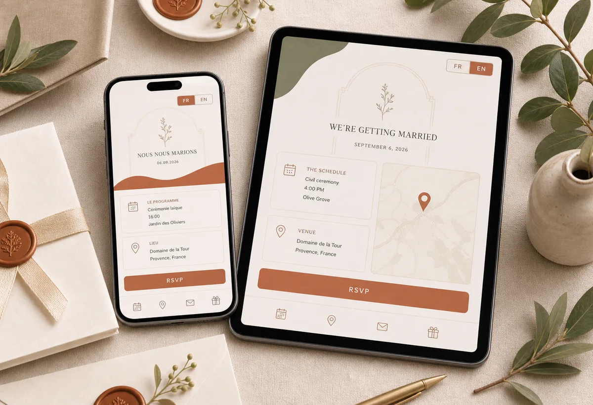 Téléphone et tablette montrant un site de mariage avec un sélecteur de langue visible