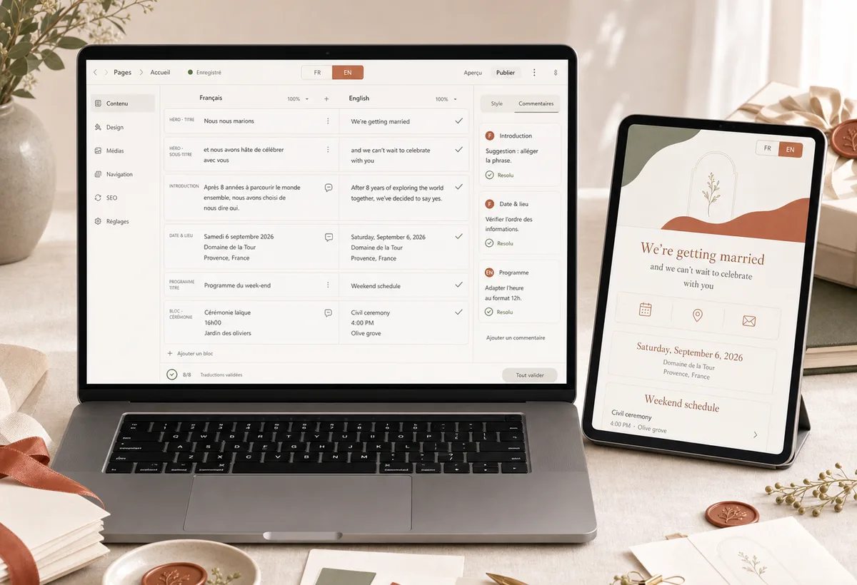 Interface de traduction bilingue pour un site de mariage