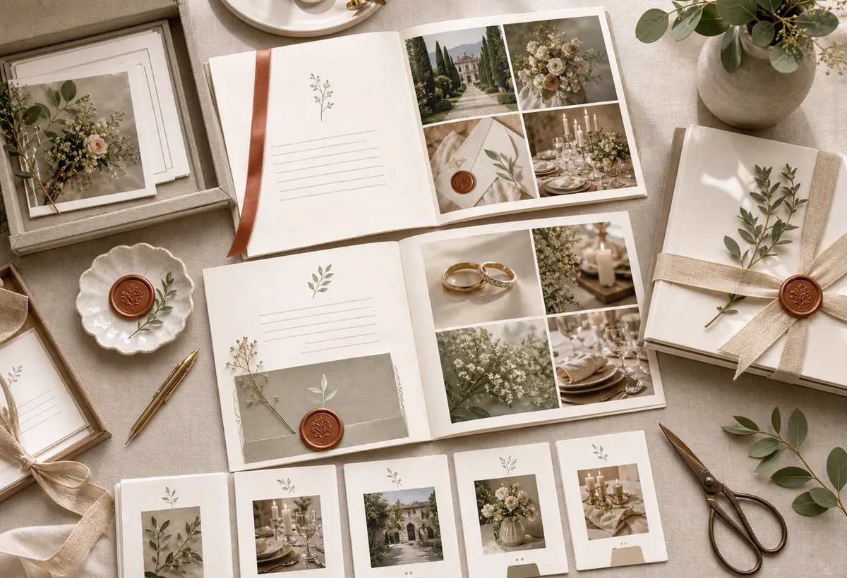 Composition manuelle d'un coffret mémoire de mariage avec photos et mise en page éditoriale