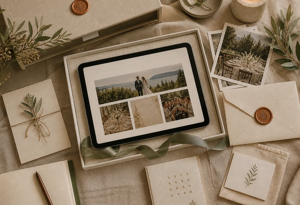 Joli coffret physique avec clé USB personnalisable et souvenirs de mariage classés