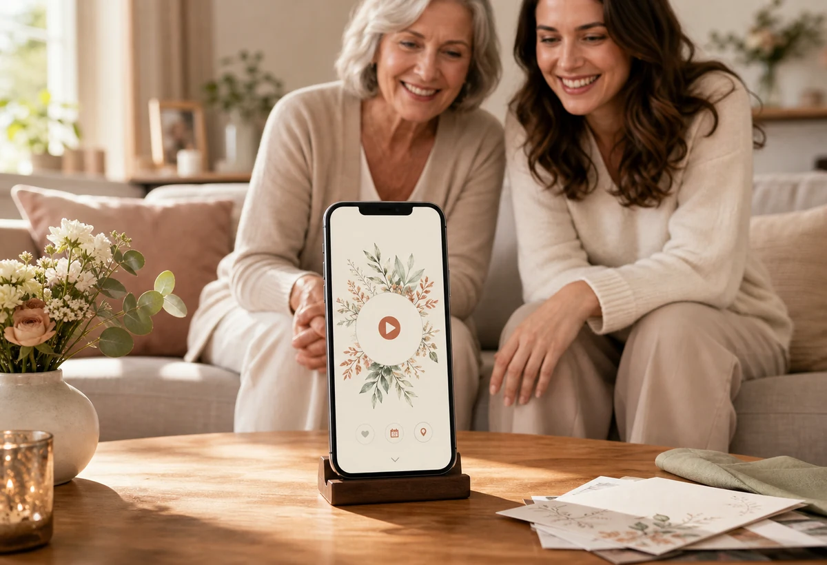 Deux générations découvrent un faire-part animé sur téléphone