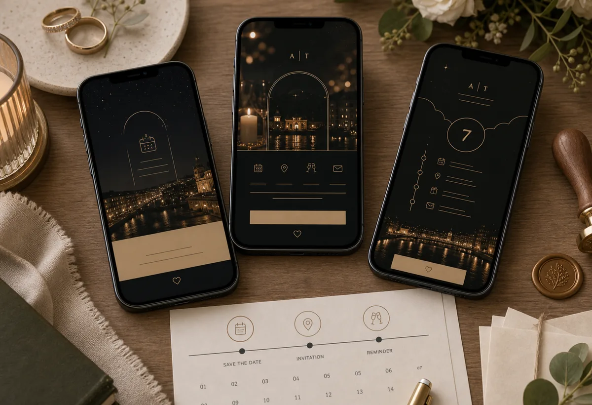 Trois téléphones montrant une séquence save the date, faire-part et rappel avant mariage