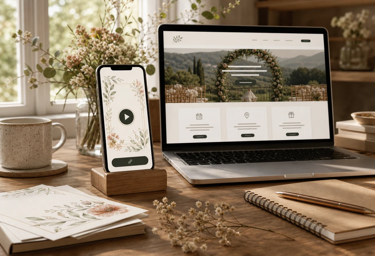 Téléphone et ordinateur montrant la transition entre faire-part animé et site de mariage