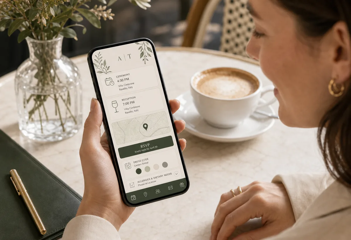 Invité consultant les informations vivantes d'un mariage sur téléphone