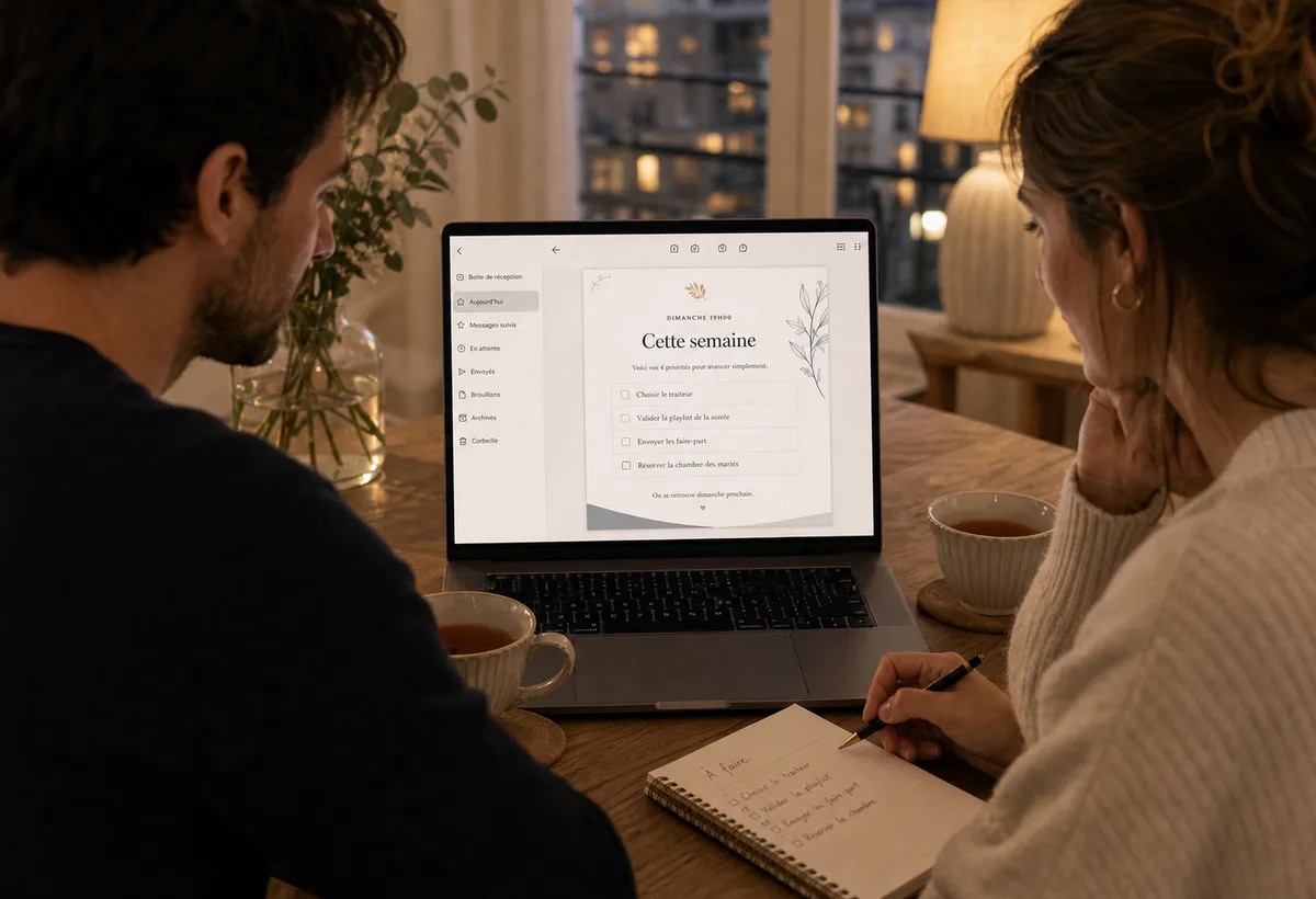 Couple lisant un email de rappel de mariage le dimanche soir sur ordinateur