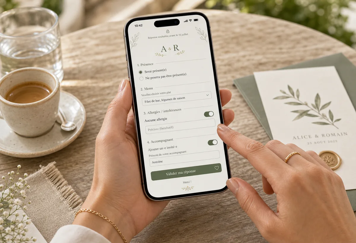 Invité remplissant son formulaire RSVP de mariage sur téléphone