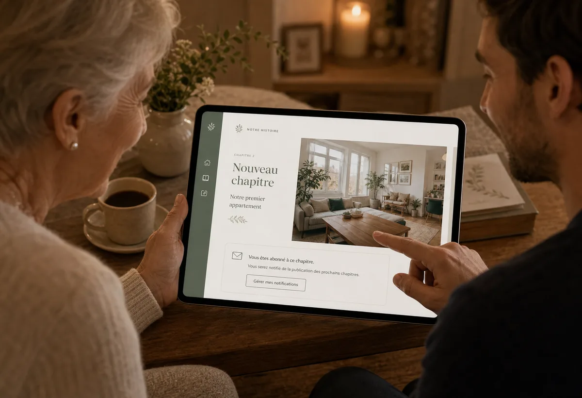 Proches consultant un nouveau chapitre du journal de vie sur tablette