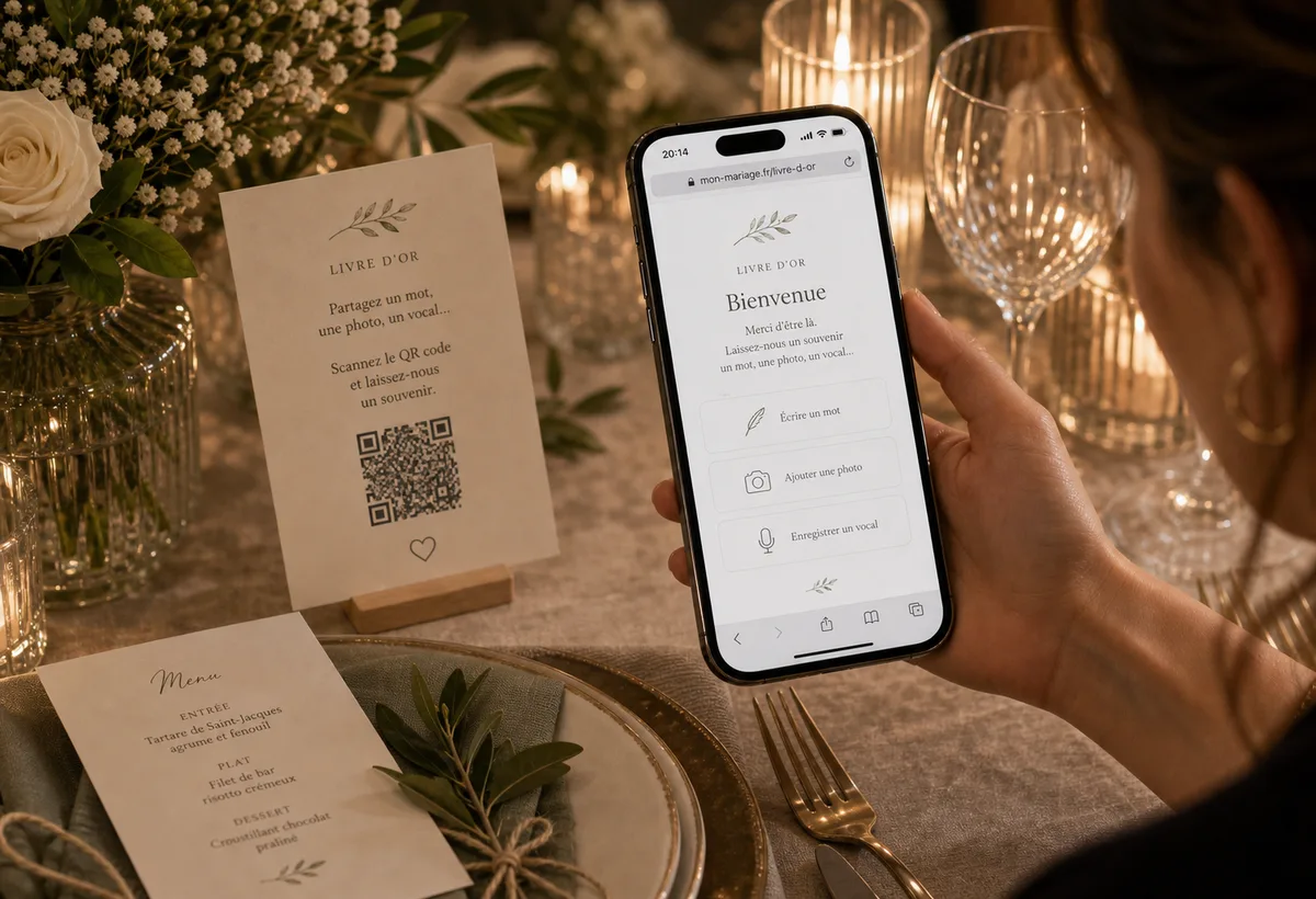 QR code de livre d'or posé sur une table de mariage et ouvert sans compte