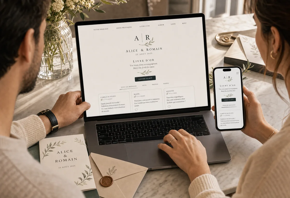 Livre d'or intégré dans l'univers graphique du site de mariage