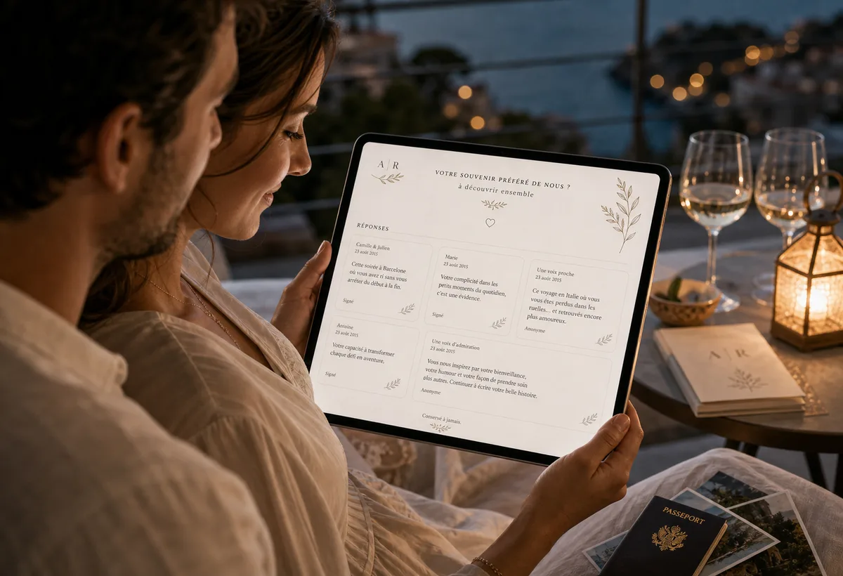 Couple découvrant ensemble les réponses à une question collective sur tablette