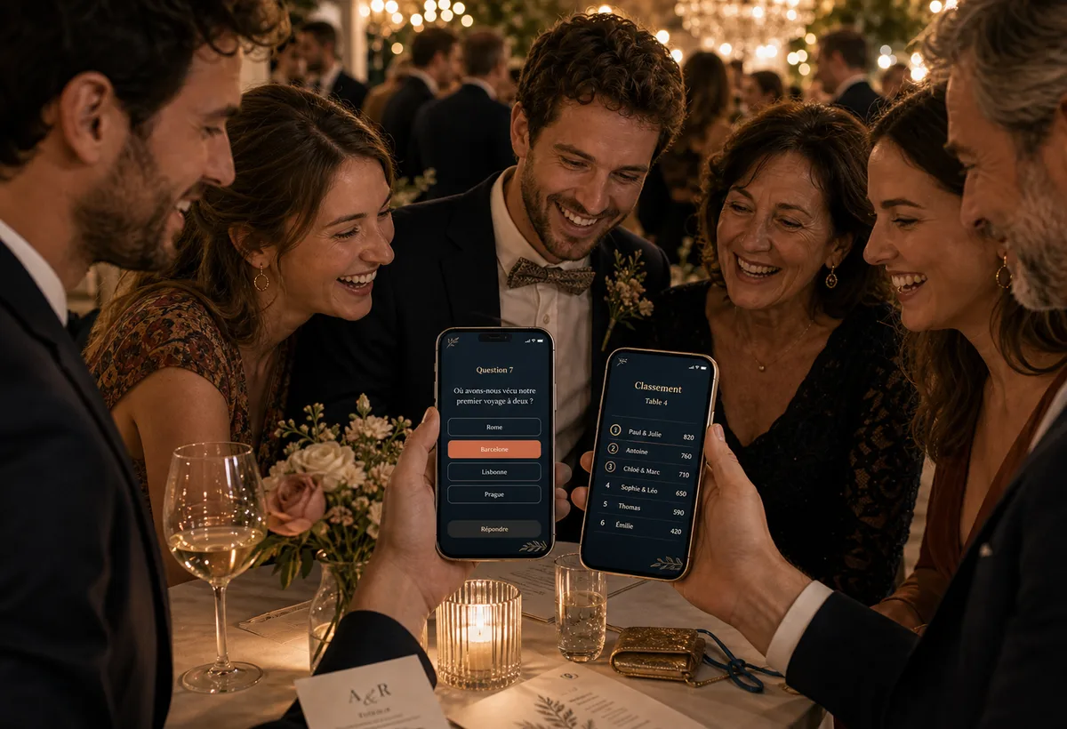 Invités de mariage jouant au quiz secret et échangeant autour d'un classement
