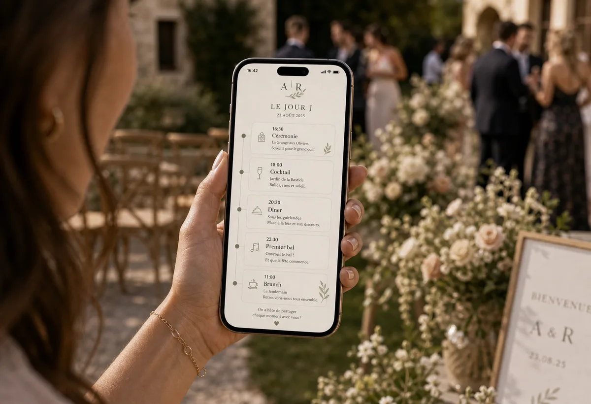 Programme du jour de mariage lisible sur téléphone par un invité